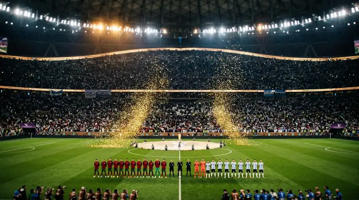 Kaksi joukkuetta rivissä ennen finaalia täydellä stadionilla, kultaista konfettia ilmassa
