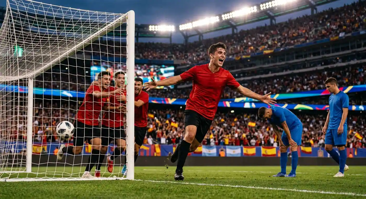 Ferran Torres laukoo voittomaalin ja juoksee juhlimaan, taustalla MetLife-stadionin katsomo