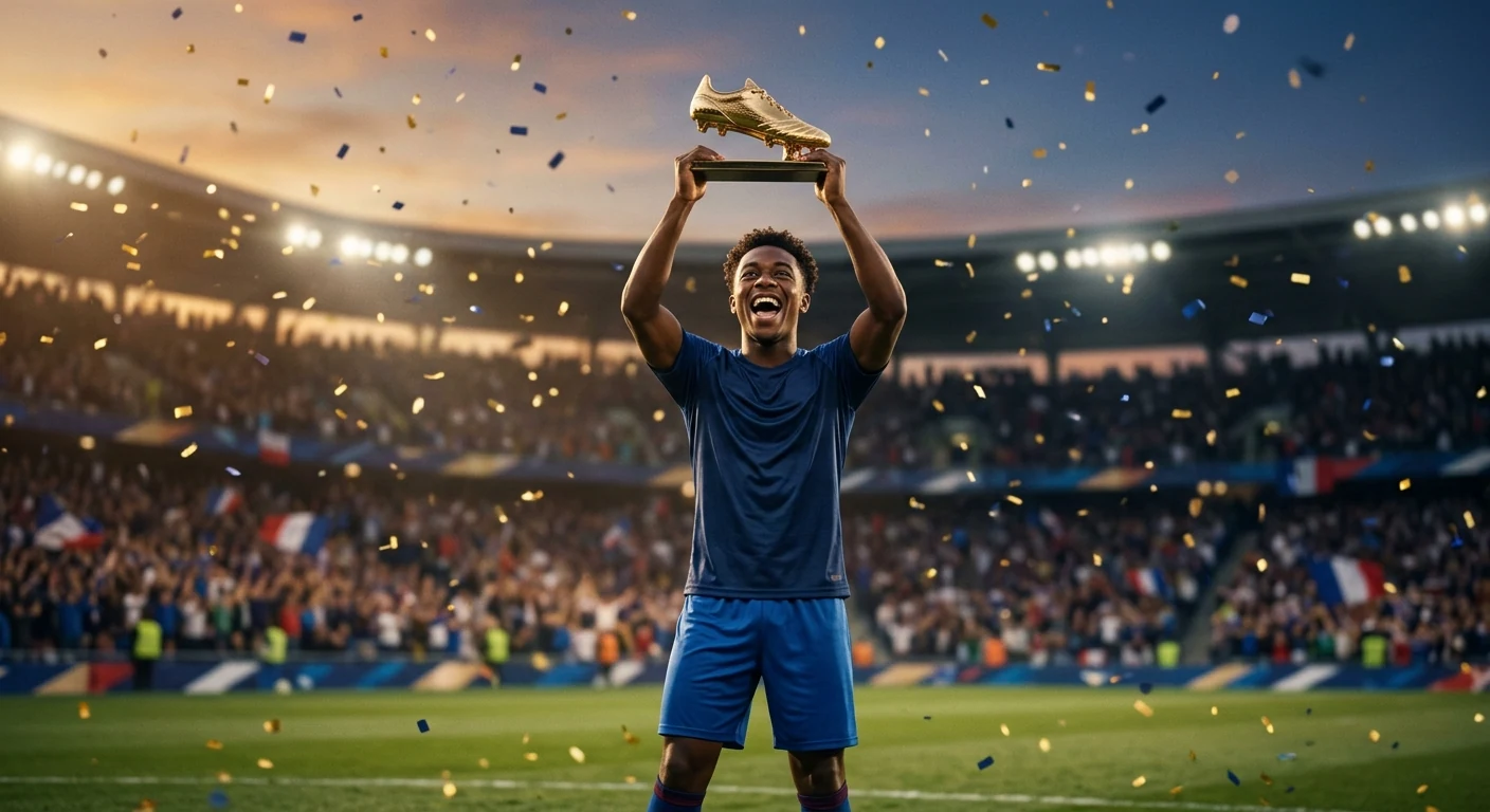 Kylian Mbappé juhlii maalia Ranskan paidassa, taustalla täysi katsomo