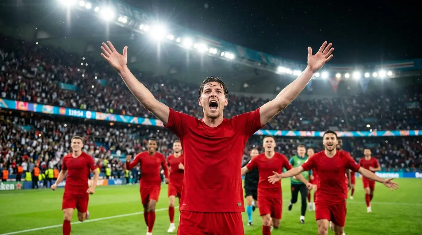 Belgialaispelaaja juhlii jatkoajan ratkaisumaalia MM-pudotuspeliottelussa stadionin valojen loistaessa