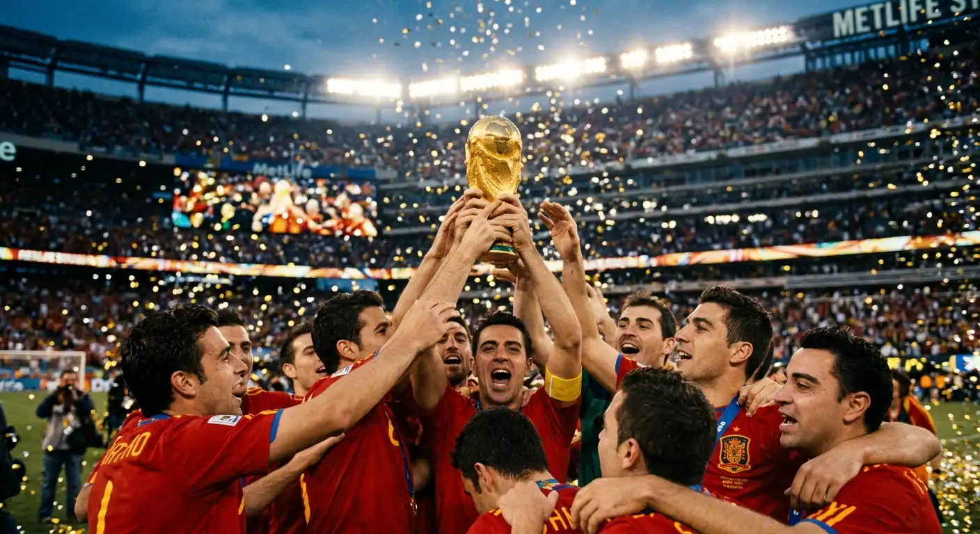Espanjan joukkue nostaa maailmanmestaruuspokaalin MetLife-stadionilla konfettisateessa