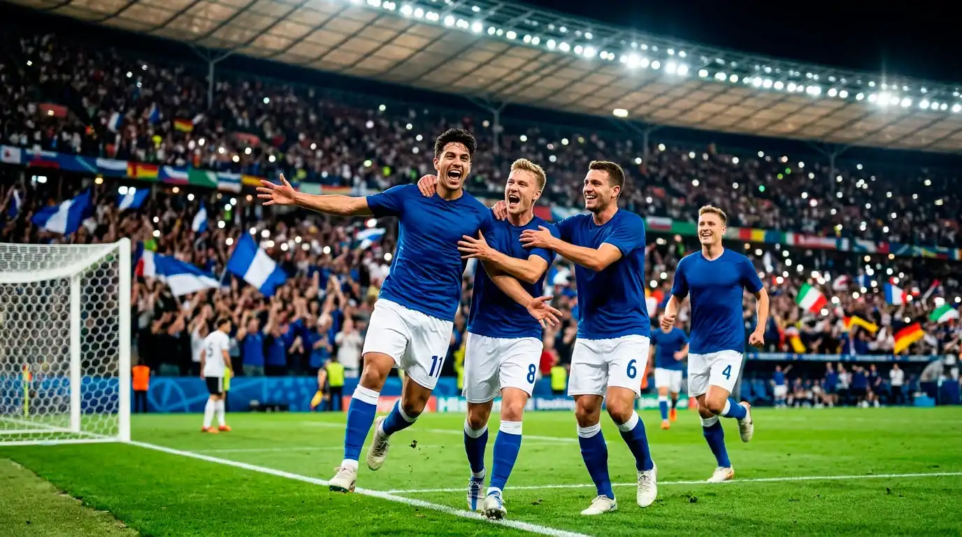 Jalkapalloilijat juhlivat maalia täydellä MM-stadionilla illalla 25. kesäkuuta 2026