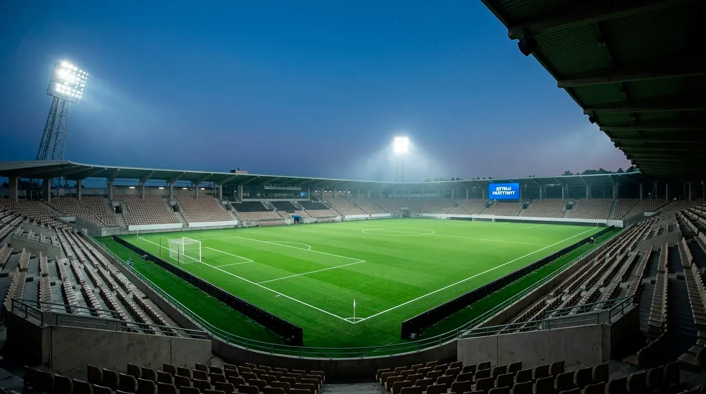 Tyhjä jalkapallostadion iltavalaistuksessa MM-kisojen ratkaisukierroksen jälkeen 2026