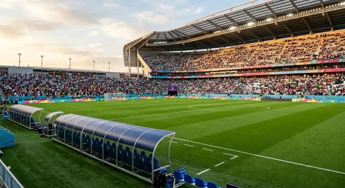 MM-stadionin nurmi ja vaihtoaitiot ennen ottelua 23. kesäkuuta 2026