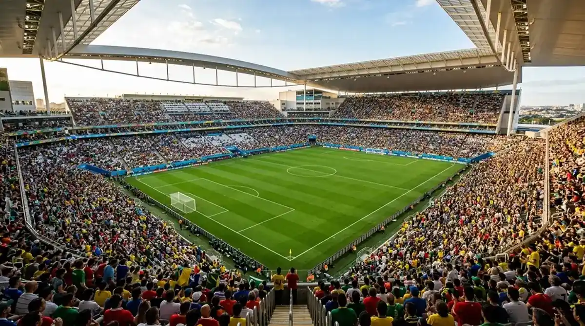 MM-stadionin nurmi ja katsomot ennen ratkaisukierroksen ottelua 24. kesäkuuta 2026