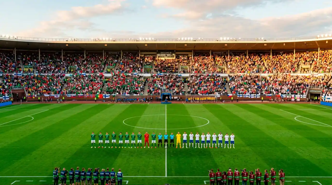 MM-stadionin nurmi ja täydet katsomot ennen ratkaisukierroksen ottelua 26. kesäkuuta 2026