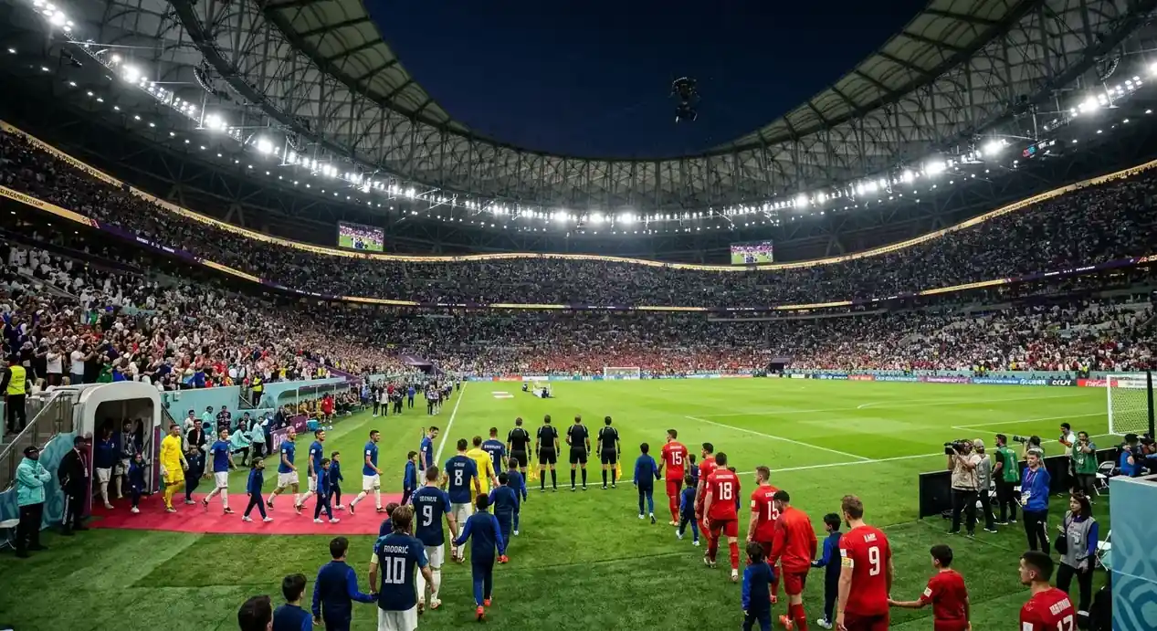 Pudotuspeliottelun avaushetket nykyaikaisella stadionilla – pelaajat asettuvat keskiympyrälle