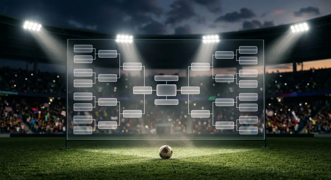 Pudotuspelikaavio ja jalkapallo valaistulla stadionilla MM 2026 välierien alla